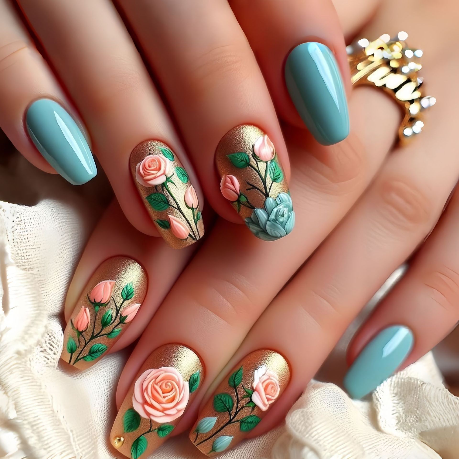 Pressed Flower Art - Mittlere künstliche Nägel für Frauen und